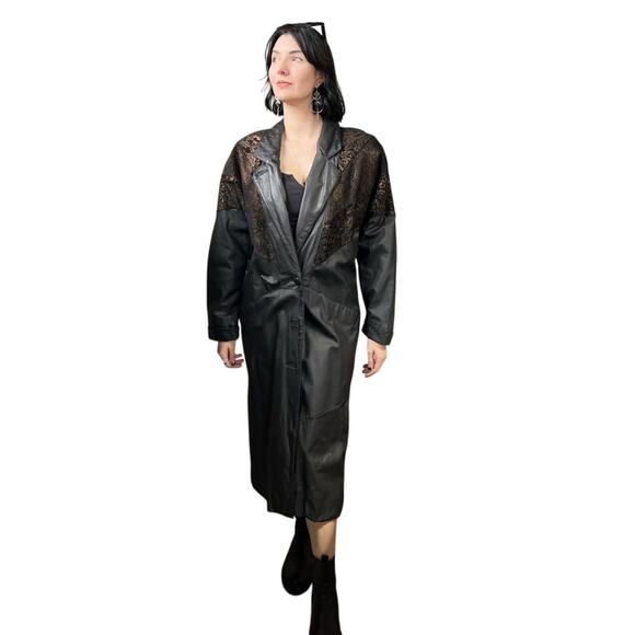 Vintage 80’s Avanti Black Leather Duster Trench Coat Copper Embossed Suede - Picture 1 of 16